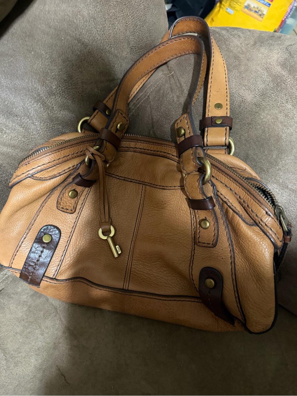 Fossil Tan Satchel with Dark Brown Trim and Brass Accents